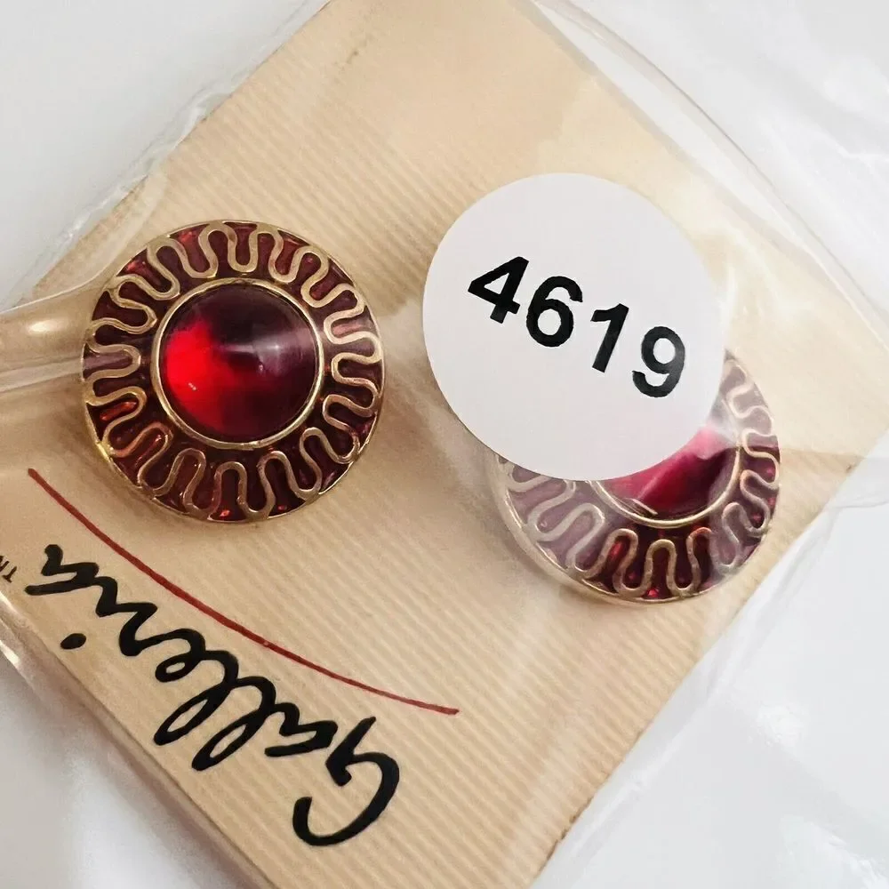 Vintage Galleria Gripoix Earrings Clip On Red Glass Enamel Gold Tone Round 4619